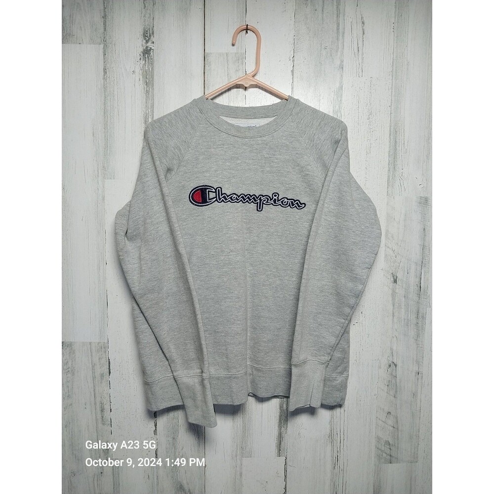 Champion Sweatshirt Men Medium Gray Spellout Athletic Wear Heather Crewneck